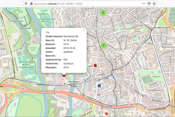 Ausschnitt aus der Patenbaum-Karte. Ein Pin wurde angeklickt und zeigt nun die wesentlichen Infos des Baumes in der Mansfelder Straße.