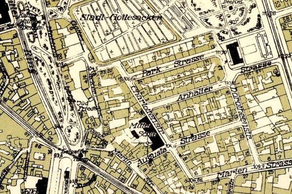 Ausschnitt aus einer alten Karte, die den Standort des ehemaligen jüdischen Friedhofs am Gottesacker zeigt