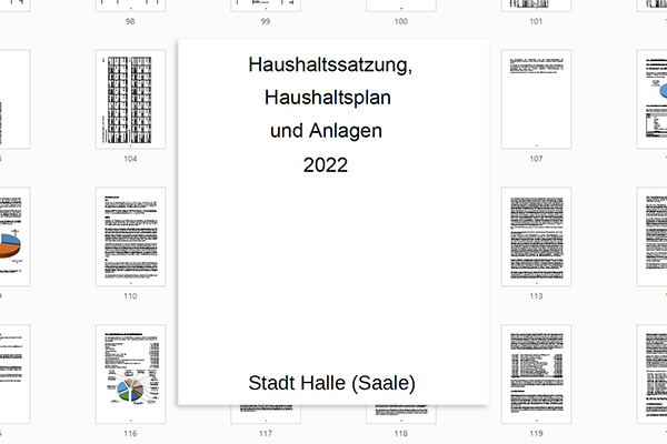 Übersicht einzelner Seiten aus dem Haushaltsbeschluss für das Jahr 2022 der Stadt Halle (Saale)
