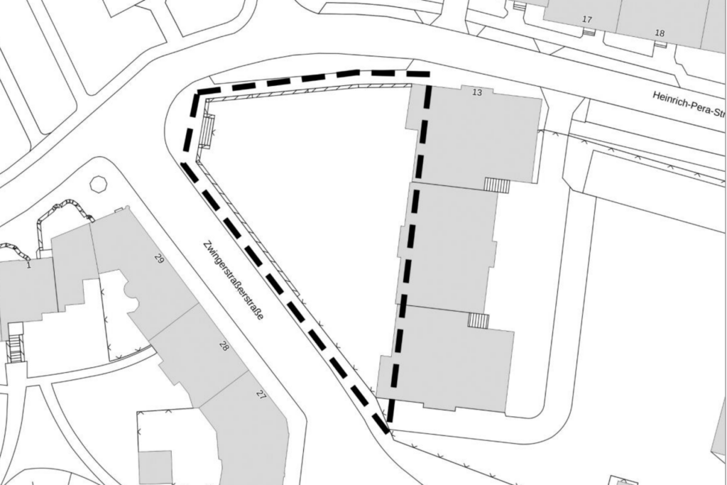 Stadtplanausschnitt mit markiertem Westteil des Schulhofes der Glaucha-Grundschule
